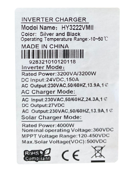 Inversor Híbrido 3200W Controlador MPPT 80A 24V-HY3222VMII