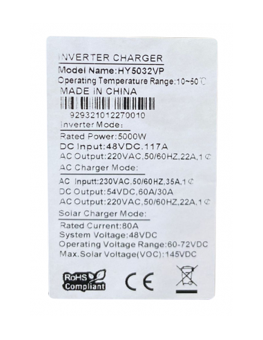 Inversor Híbrido 5KVA/4000W Controlador PWM 50A...